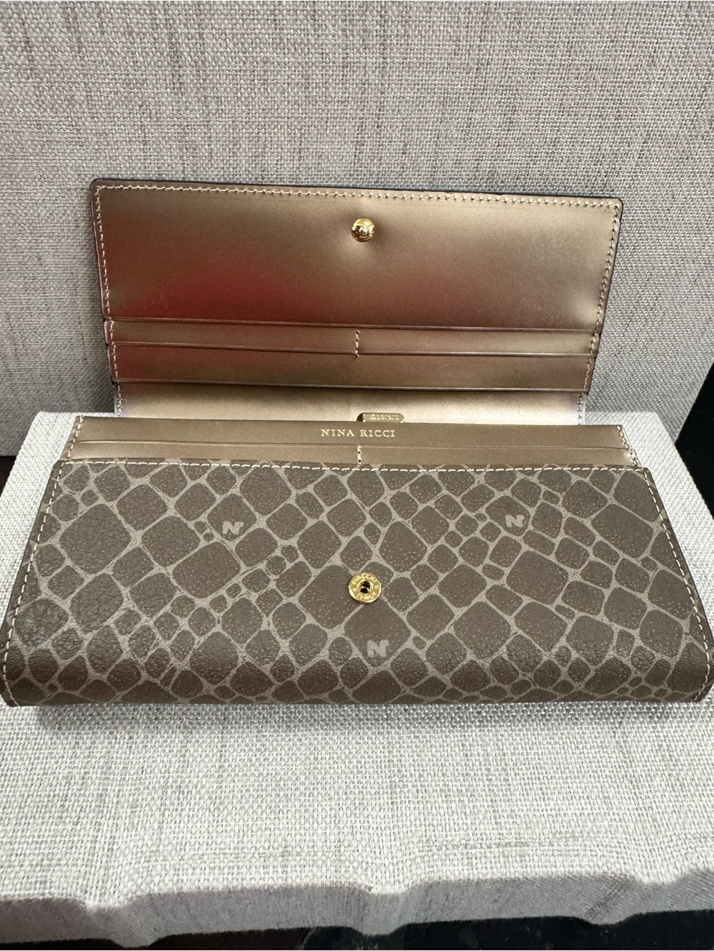 Nina Ricci Metallic Taupe and Champagne Snake-Print Long Wallet